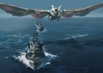  blue_eyes flying godzilla_(series) junny kaijuu looking_ahead military mothra navy no_humans ocean ship water watercraft 