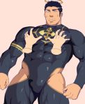  1boy 1other bara bare_chest black_hair bodysuit bulge chest clothing_cutout covered_abs covered_navel facial_hair fire grabbing groping halo male_focus manly muscle pectoral_grab pelvic_curtain sakuramarusan short_hair solo_focus stubble sweatdrop thick_thighs thigh_cutout thighs tokyo_houkago_summoners yellow_eyes zabaniya_(tokyo_houkago_summoners) 
