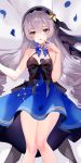  1girl absurdres bangs bare_arms bare_shoulders black_bow bow bronya_zaychik bronya_zaychik_(herrscher_of_reason) constellation_costume crossed_bangs detached_collar dress drill_hair grey_eyes grey_hair hair_ornament highres honkai_(series) honkai_impact_3rd lying mie_xing multicolored multicolored_clothes multicolored_dress on_back parted_lips petals sleeveless sleeveless_dress solo 