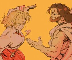  1boy 1girl absurdres arm_up beard blonde_hair brown_hair chaleko closed_eyes closed_mouth commentary crossover english_commentary facial_hair facing_another hand_up highres hololive hololive_english imminent_hand_holding jesus long_hair medium_hair muscular muscular_male necktie open_hand plaid_clothes plaid_skirt pocket_watch red_necktie red_skirt robe shirt_tucked_in skirt smile the_bible watch watson_amelia watson_amelia_(1st_costume) white_robe yellow_background 