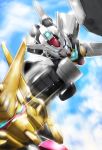  495032158 absurdres akatsuki_gundam beam_saber blue_eyes clenched_hand close-up core_gundam falling gundam gundam_build_divers gundam_build_divers_re:rise highres mecha motion_blur no_humans punching v-fin 