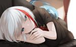  1girl admiral_graf_spee_(azur_lane) admiral_graf_spee_(maiden&#039;s_sunday)_(azur_lane) azur_lane bangs black_dress black_legwear blue_eyes blurry blush breasts commentary_request couch curtains depth_of_field dress eyebrows_visible_through_hair fish_tail full_body head_rest indoors iron_cross looking_at_viewer lying medal medium_breasts multicolored_hair necktie on_side pantyhose red_neckwear redhead shark_tail short_hair short_necktie short_sleeves sidelocks silver_hair smile solo streaked_hair tail window yamada_maya_(user_xmvn3833) 