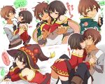  banchii bandaged_leg bandages belt black_gloves black_hair black_legwear blush brown_hair cape dress fingerless_gloves gloves hat hug hug_from_behind jacket kono_subarashii_sekai_ni_shukufuku_wo! megumin multiple_boys multiple_girls multiple_views open_mouth red_eyes satou_kazuma short_hair single_thighhigh thigh-highs witch_hat 