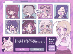  &gt;_&lt; 6+girls :o aeruusa ahoge akamatsu_kaede arm_up backpack bag black_hair black_hat blonde_hair blue_hair blush blush_stickers bob_cut bow brown_hair chabashira_tenko closed_eyes closed_mouth commentary_request danganronpa_(series) danganronpa_2:_goodbye_despair danganronpa_v3:_killing_harmony eyelashes glasses goggles goggles_on_head green_ribbon grey_hair hair_ornament hair_over_one_eye hair_ribbon hairband hand_on_headwear hand_on_own_chin harukawa_maki hat heart holding holding_own_hair holding_wand iruma_miu jewelry key long_hair long_sleeves maid_headdress mole mole_under_mouth multiple_girls musical_note musical_note_hair_ornament musical_note_print necklace nervous open_mouth own_hands_together pink_bow purple_hairband purple_skirt purple_sweater_vest red_hair ribbon sailor_collar shirogane_tsumugi shirt skirt smile speech_bubble sweat sweatdrop sweater_vest tojo_kirumi translation_request twintails usami_(danganronpa) user_interface violet_eyes wand white_bag white_hair white_sailor_collar white_shirt yonaga_angie yumeno_himiko 