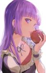  1girl absurdres after_(artist) aikatsu! aikatsu!_(series) apple bangs blunt_bangs blush collarbone earrings eyebrows_visible_through_hair fingernails food frills fruit highres hikami_sumire holding holding_food holding_fruit jewelry long_hair looking_at_viewer parted_lips purple_hair simple_background single_earring sketch solo sunrise_(company) upper_body violet_eyes white_background 