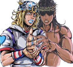  2boys aiming aiming_at_viewer black_hair blonde_hair bondustries crown_of_thorns dark-skinned_male dark_skin highres jacket jesus johnny_joestar jojo_no_kimyou_na_bouken lipstick long_hair makeup multiple_boys shaded_face simple_background steel_ball_run sweat the_bible 