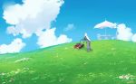  blue_sky chair clouds dress echidna_(re:zero) grass highres lawnmower outdoors re:zero_kara_hajimeru_isekai_seikatsu ryusei_hashida scenery sky table umbrella white_hair 