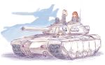  3girls black_eyes blonde_hair blush breasts caterpillar_tracks commentary_request emblem ground_vehicle gundam gundam_ms_igloo highres kosai_takayuki light_brown_hair long_hair looking_at_viewer magella-eins magella_attack military military_uniform military_vehicle motor_vehicle multiple_girls orange_hair original silhouette smile tank traditional_media twintails uniform 