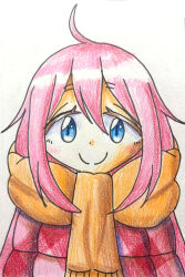 1girl happy kagamihara_nadeshiko kirara_fantasia pink pink_coat pink_eyes pink_hair yurucamp