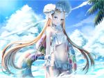  1girl abigail_williams_(fate/grand_order) abigail_williams_(swimsuit_foreigner)_(fate) absurdres beach bikini bikini_skirt blonde_hair blue_sky bonnet bow breasts clouds condensation_trail cowboy_shot day fate/grand_order fate_(series) frilled_bikini frills grey_eyes hair_bow heart highres hip_bones huge_filesize innertube leehwa long_hair looking_at_viewer navel ocean outdoors palm_leaf side-tie_bikini sidelocks skinny sky small_breasts smile solo sparkle standing star_(symbol) strapless strapless_bikini swimsuit twintails very_long_hair wading water water_drop white_bikini white_bow white_headwear 