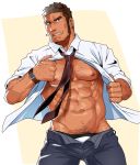  1boy abs bara bare_chest beard body_hair brown_eyes brown_hair chest chest_hair cigarette facial_hair looking_at_viewer male_focus male_underwear manly muscle navel necktie nipples open_clothes open_pants open_shirt original pants sakuramarusan shirt short_hair simple_background solo thick_thighs thighs underwear undressing watch white_shirt 