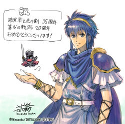  2boys armor artist_name black_armor black_knight_(fire_emblem) blue_cape blue_hair blush cape chibi commentary_request copyright_name fire_emblem highres izuka_daisuke looking_at_viewer male_focus marth_(fire_emblem) multiple_boys nintendo shoulder_armor signature smile translation_request 