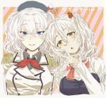  2girls absurdres alternate_costume blue_eyes brown_eyes commentary_request epaulettes grey_hair hagioshi head_tilt highres jacket kantai_collection kashima_(kantai_collection) long_sleeves looking_at_viewer matching_hairstyle military_jacket multiple_girls neckerchief pola_(kantai_collection) red_neckwear shirt silver_hair striped striped_background twintails upper_body v wavy_hair white_jacket white_shirt 
