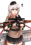  1girl absurdres barrette belt black_gloves black_headwear black_skirt brown_jacket dragunov_svd eyebrows_visible_through_hair girls_frontline gloves grey_eyes grey_hair gun hair_between_eyes hat highres holding holding_weapon huge_filesize jacket jewelry leg_holster long_hair looking_at_viewer military_hat muteppona_hito open_mouth partly_fingerless_gloves red_star rifle ring shirt silver_hair skirt sniper_rifle solo soviet_flag svd_(girls_frontline) tape thigh-highs uniform weapon weapon_case white_background white_shirt 