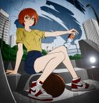  1girl basketball bottle building city colorized full_body highres holding holding_bottle lem md5_mismatch original redhead satansoft1 shirt shoes short_hair short_shorts short_sleeves shorts sitting sneakers stairs 