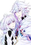  1boy 1girl absurdres ahoge commentary_request eyebrows_visible_through_hair fate/grand_order fate_(series) hair_between_eyes highres long_hair looking_at_viewer merlin_(fate) merlin_(fate/prototype) nipi27 simple_background upper_body violet_eyes white_background white_hair 