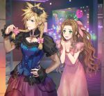  1boy 1girl aerith_gainsborough blue_eyes blush bow braid cloud_strife crossdressinging dress final_fantasy final_fantasy_vii final_fantasy_vii_remake frilled_dress frilled_sleeves frills green_eyes hair_bow looking_at_another low_braid ohse pink_dress smile sparkle spiky_hair twin_braids wavy_hair 