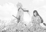  1boy 1girl alternate_costume blonde_hair blue_eyes cloud_strife clouds fighting_stance final_fantasy final_fantasy_vii focused gauntlets ghost_of_tsushima highres japanese_clothes kimono lipstick long_hair looking_afar looking_at_viewer makeup monochrome outdoors red_eyes samurai scarf sheath spiky_hair spykeee1945 standing sword tied_hair tifa_lockhart weapon wheat_field wind 