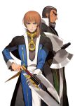  2boys akutsumi axe brown_hair gadved green_eyes gun gunblade gunxsword holding holding_gun holding_weapon looking_ahead looking_at_viewer michael_garrett multiple_boys weapon white_background yellow_eyes 