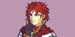  1boy buskhusker cape character_request close-up closed_mouth face fire_emblem hand_on_own_chin highres looking_ahead mask_over_one_eye pixel_art portrait purple_background red_cape red_eyes redhead simple_background smile solo upper_body 