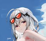  1girl ahoge arknights bangs bare_shoulders blue_sky chinese_commentary clouds commentary_request day eyewear_on_head hair_between_eyes hair_ornament highres long_hair no_hat no_headwear omone_hokoma_agm portrait red_eyes silver_hair skadi_(arknights) sky solo sunglasses whale_hair_ornament 