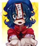  1girl bangs black_bow black_bowtie blue_eyes blue_hair blue_headwear blush bow bowtie cabbie_hat chinese_clothes commentary_request expressive_clothes hat highres jiangshi lace-trimmed_sleeves lace_trim looking_at_viewer miyako_yoshika ofuda open_mouth outstretched_arms rarorimiore red_shirt saliva shirt short_hair short_sleeves solo tangzhuang touhou translation_request upper_body zombie_pose 