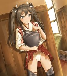  1girl blush dark_green_hair eyebrows_visible_through_hair green_hair hair_ribbon hakama_skirt hallway highres japanese_clothes kantai_collection long_hair looking_at_viewer muneate panties ribbon side-tie_panties skirt skirt_lift sunlight twintails underwear window zuikaku_(kantai_collection) zuikillme 