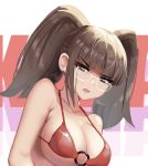  1girl bikini breasts brown_eyes brown_hair dayshiart disgust english_commentary glasses highres large_breasts looking_at_viewer original red_bikini solo swimsuit twintails v-shaped_eyebrows 