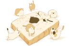  :3 animal black_cat bread bread_slice calico cat chai commentary_request food highres lying no_humans on_back original simple_background sitting sitting_on_food undersized_animal white_cat 