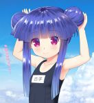  1girl arms_up bangs bare_arms bare_shoulders black_swimsuit blue_hair blue_sky blunt_bangs blush breasts closed_mouth clouds commentary_request day double_bun eyebrows_visible_through_hair furude_rika gaou higurashi_no_naku_koro_ni name_tag one-piece_swimsuit outdoors school_swimsuit sidelocks sky small_breasts smile solo swimsuit translation_request upper_body violet_eyes 