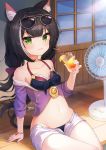  1girl 2drr animal_ear_fluff animal_ears bangs bare_shoulders bikini black_hair blue_bikini blush bow breasts cat_ears cat_girl cat_tail commentary_request crazy_straw cup drinking_glass drinking_straw electric_fan eyebrows_visible_through_hair eyewear_on_head green_eyes hair_between_eyes hair_bow hand_up highres holding holding_cup jacket karyl_(princess_connect!) long_hair looking_at_viewer low_twintails multicolored_hair off_shoulder open_clothes open_fly open_shorts parted_lips princess_connect! princess_connect!_re:dive purple_bow purple_jacket short_shorts short_sleeves shorts sitting small_breasts solo streaked_hair sunglasses sweat swimsuit tail twintails veranda very_long_hair white_hair white_shorts 