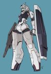  blue_background clenched_hand glowing glowing_eye green_eyes gun gundam holding holding_gun holding_weapon mecha moi_moi7 no_humans original shield solo standing weapon 