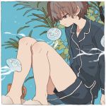  1other androgynous black_shirt black_shorts blue_background blue_eyes breast_pocket bright_pupils brown_hair closed_mouth cup jellyfish ka_(marukogedago) long_sleeves mug original pocket shirt short_hair shorts slippers solo tree white_pupils 