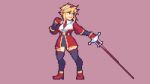  1girl bangs blonde_hair breasts buskhusker full_body hairband hand_on_own_chest highres looking_to_the_side necktie original pixel_art rapier red_eyes red_footwear red_sleeves skirt smile solo sword thigh-highs weapon 