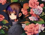  1girl breast_pocket brown_hair closed_mouth collared_shirt expressionless flower from_side grey_background grey_rose ka_(marukogedago) looking_at_viewer looking_to_the_side original pocket red_eyes red_flower red_rose rose shiny shiny_hair shirt short_hair solo upper_body wing_collar 