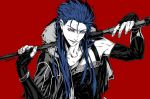 1boy blue_hair capelet collarbone cu_chulainn_(fate)_(all) cu_chulainn_(fate/grand_order) elbow_gloves fate/grand_order fate_(series) fingerless_gloves fur fur-trimmed_hood fur_trim gloves hood hood_down hooded_capelet long_hair open_mouth red_background red_eyes sei_8220 simple_background solo spiky_hair staff type-moon 