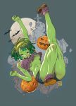  breasts denim denim_shorts earrings english_commentary green_hair green_skin highres jack-o&#039;-lantern jewelry leg_up looking_at_viewer medium_breasts monster_girl open_mouth pink_eyes poch4n rottytops shantae_(series) shantae_and_the_pirate&#039;s_curse short_shorts shorts skull_earrings smile under_boob zombie 