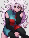 1girl android_21 black_legwear breasts checkered checkered_dress detached_sleeves dragon_ball dragon_ball_fighterz dress earrings glasses grey_background hair_between_eyes hoop_earrings jewelry kemachiku long_hair looking_at_viewer majin_android_21 medium_breasts pantyhose red_eyes simple_background solo tail white_hair