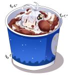  1girl :t antenna_hair bangs blush chibi closed_mouth commentary_request cup disposable_cup eating food hair_between_eyes hair_ornament highres ice_cream in_food kizuna_akari mcdonald&#039;s milkpanda minigirl shadow silver_hair solo star_(symbol) translation_request voiceroid wavy_mouth white_background |_| 