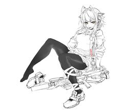  1girl absurdres alma01 arknights breasts finger_to_mouth gun highres leggings looking_at_viewer medium_breasts monochrome sitting solo spot_color w_(arknights) weapon weapon_request white_background yellow_eyes 