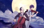  2boys alfred_(bjyayl) black_hair black_neckwear blue_neckwear bow bow_(instrument) bowtie cello chinese_commentary closed_eyes closed_mouth clouds commentary formal highres instrument mixed-language_commentary moon multicolored_hair multiple_boys music necktie night night_sky outdoors playing_instrument purple_hair sky smile violin vocaloid vsinger white_hair yuezheng_longya zhiyu_moke 