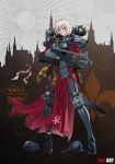  1girl absurdres adepta_sororitas armor blue_eyes bolter facial_tattoo fleur_de_lis full_body gold greaves highres holding holding_weapon medium_hair moonface pauldrons pelvic_curtain power_armor power_sword shoulder_armor skull solo standing tattoo warhammer_40k weapon white_hair 