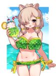  1girl alpaca_ears alpaca_girl alpaca_suri_(kemono_friends) alternate_costume animal_ears bare_shoulders bare_thighs bikini blue_eyes blush bracelet cowboy_shot eyebrows_visible_through_hair green_bikini hair_bun hair_over_one_eye hair_tubes ichi001 jewelry kemono_friends midriff nail_polish navel sleeveless solo swimsuit white_hair yellow_neckwear 