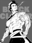  1boy bara bare_shoulders black_clover chest cigarette copyright_name covered_abs covered_nipples greyscale katana mabataki male_focus monochrome muscle short_hair simple_background smoking solo spiky_hair sword tank_top veins weapon white_tank_top yami_sukehiro 