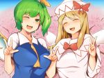  2girls :d ;d ^_^ blonde_hair bow bowtie breasts cherry_blossoms closed_eyes daiyousei double_v eyebrows_visible_through_hair fairy_wings green_eyes green_hair hekiga_(freelot) highres large_breasts lily_white long_hair looking_at_viewer medium_breasts multiple_girls one_eye_closed open_mouth red_bow red_neckwear short_hair side_ponytail smile touhou upper_body v wings 