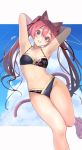  1girl animal_ears arms_behind_head bikini black_bikini blue_eyes blue_sky breasts cat_ears cat_tail clouds collarbone commentary_request feet_out_of_frame highres long_hair medium_breasts navel original parted_lips redhead sakuhiko sky solo swimsuit tail twintails 