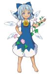 1girl absurdres barefoot blue_eyes bow cirno dress fang flower full_body gykleo hair_bow hand_on_hip hidden_star_in_four_seasons highres ice ice_wings looking_at_viewer neck_ribbon open_mouth pinafore_dress plant puffy_short_sleeves puffy_sleeves red_neckwear ribbon short_hair short_sleeves simple_background skin_fang smile solo sunflower tan tanned_cirno touhou vines white_background wings 