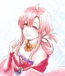  1girl bare_shoulders clenched_hand dress ebi_puri_(ebi-ebi) ethlyn_(fire_emblem) fire_emblem fire_emblem:_genealogy_of_the_holy_war looking_up pink_eyes pink_hair red_dress smile solo tied_hair 