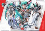  1girl absurdres alternate_costume blue_hair breasts copyright_name english_text hatsune_miku highres mecha_musume medium_breasts multiple_views open_mouth paintedmike red_eyes twintails vocaloid 