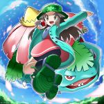  1girl :d arms_up ass bangs bike_shorts black_footwear blue_sky blush brown_eyes brown_hair clouds commentary_request dress fanny_pack full_body gen_1_pokemon glint green_headwear green_jacket hat highres holding holding_poke_ball jacket jumping leaf_(pokemon) long_hair long_sleeves looking_at_viewer open_clothes open_jacket open_mouth parted_bangs petals pink_dress poke_ball poke_ball_(basic) pokemon pokemon_(creature) pokemon_(game) pokemon_masters_ex porkpie_hat shoes shorts_under_dress sidelocks sky smile sneakers solo_focus starter_pokemon twisted_torso twitter_username venusaur yamane_(viq4201) 